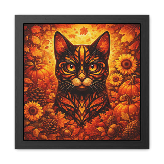 Framed autumn cat poster with orange pumpkin and sunflower scene, black square frame