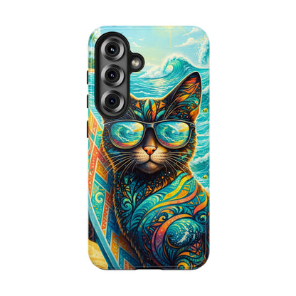 Colorful Surf Cat Tough Phone Case — Sunglasses Beach Vibe