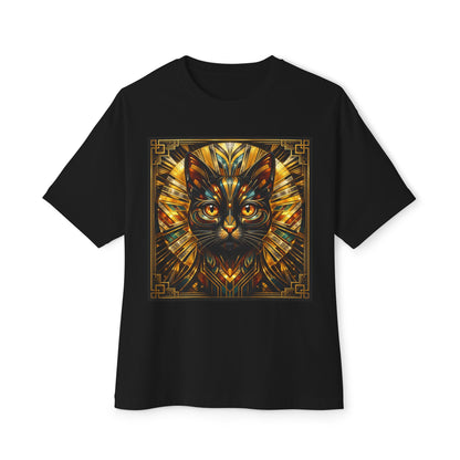 Art Deco Cat Graphic Tee — Golden Stained-Glass Feline Print