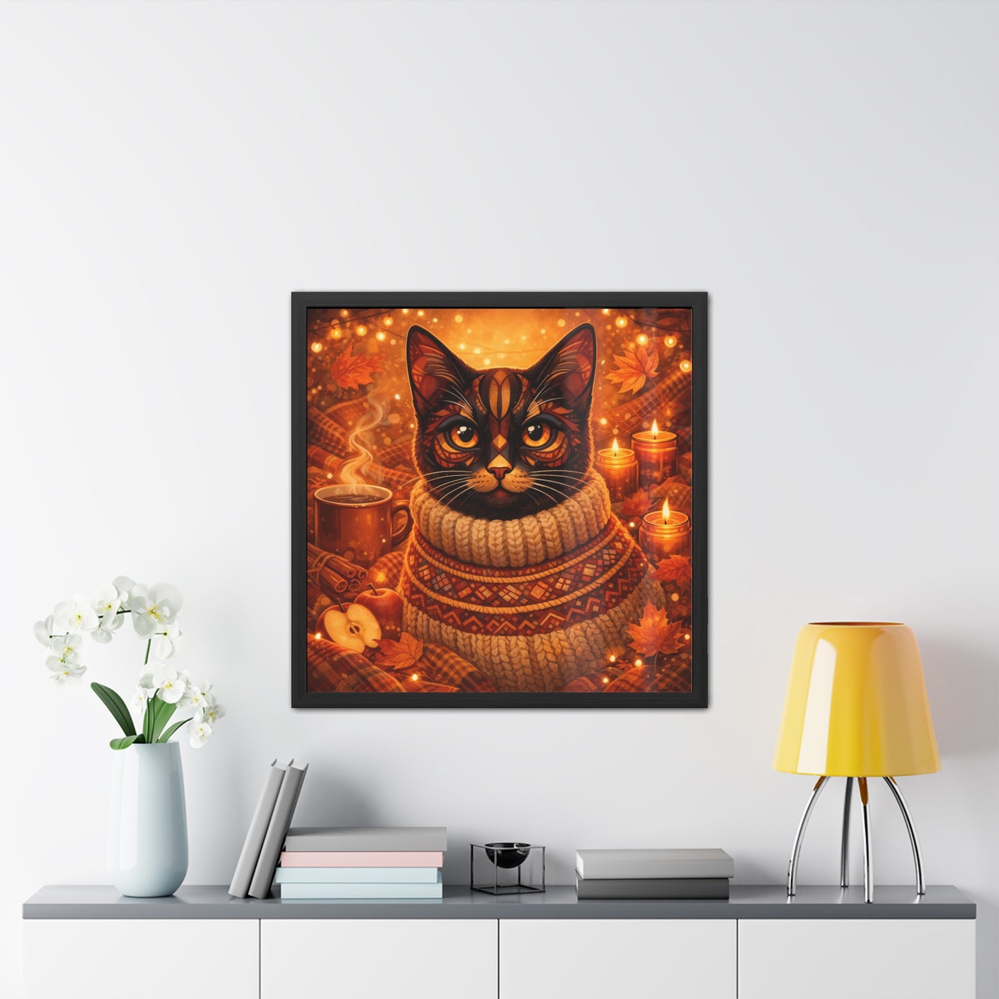 Autumn Cozy Cat Framed Poster — Sweater Cat Wall Art for Fall Decor