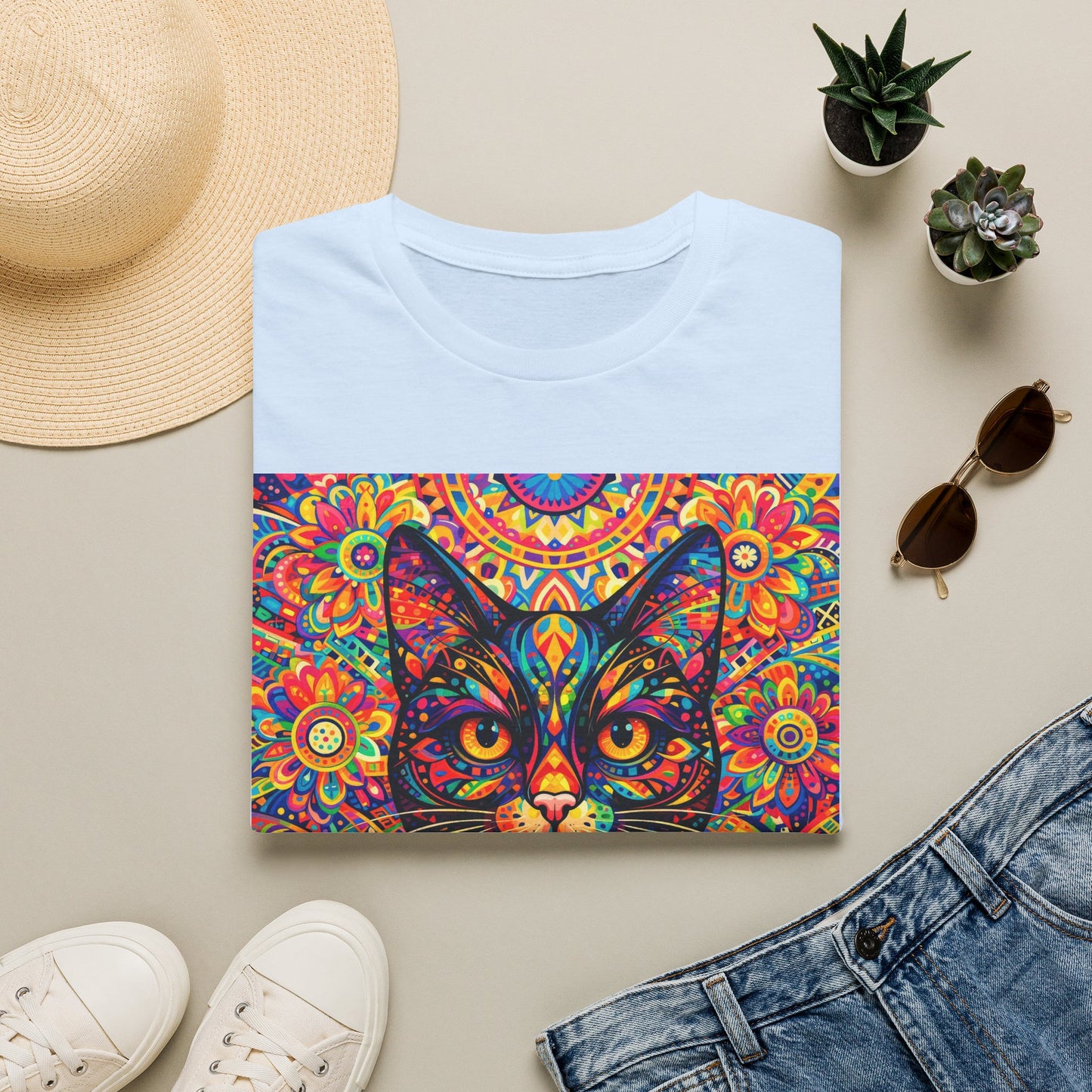 Psychedelic Cat T-Shirt — Colorful Mandala Cat Graphic Tee