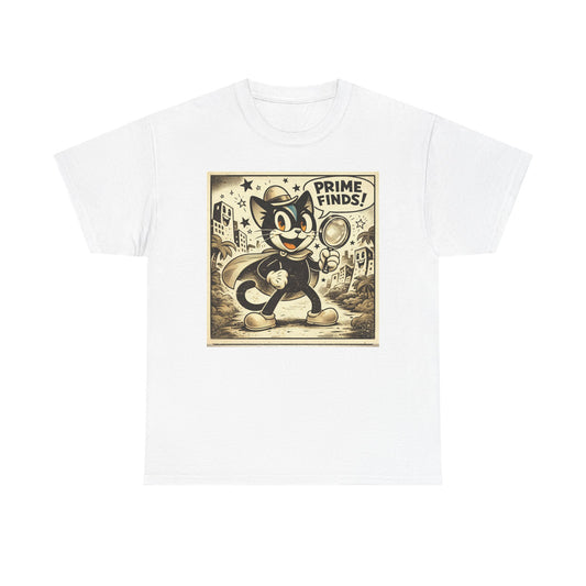 White retro cat detective T-shirt with framed cartoon graphic on chest
