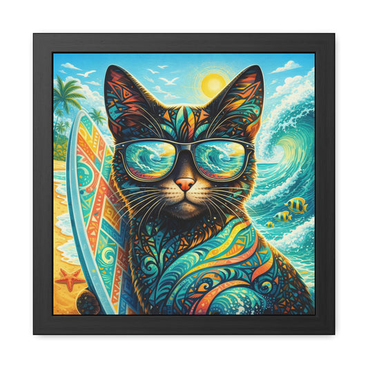 Black-framed cat poster with reflective sunglasses, ornate tropical ocean and sun scene