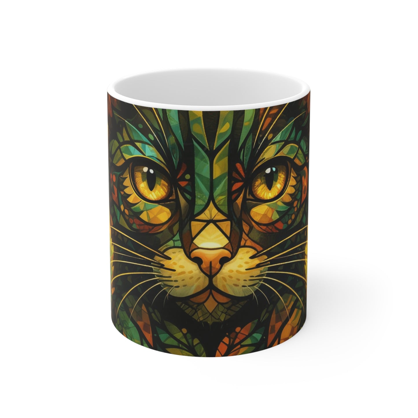 11oz Ceramic Mug - Stained Glass Jungle Cat Design (Colorful Cat Art)