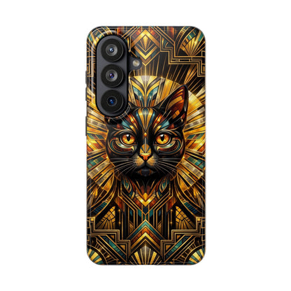 Art Deco Cat Tough Phone Case — Golden Geometric Protective Cover