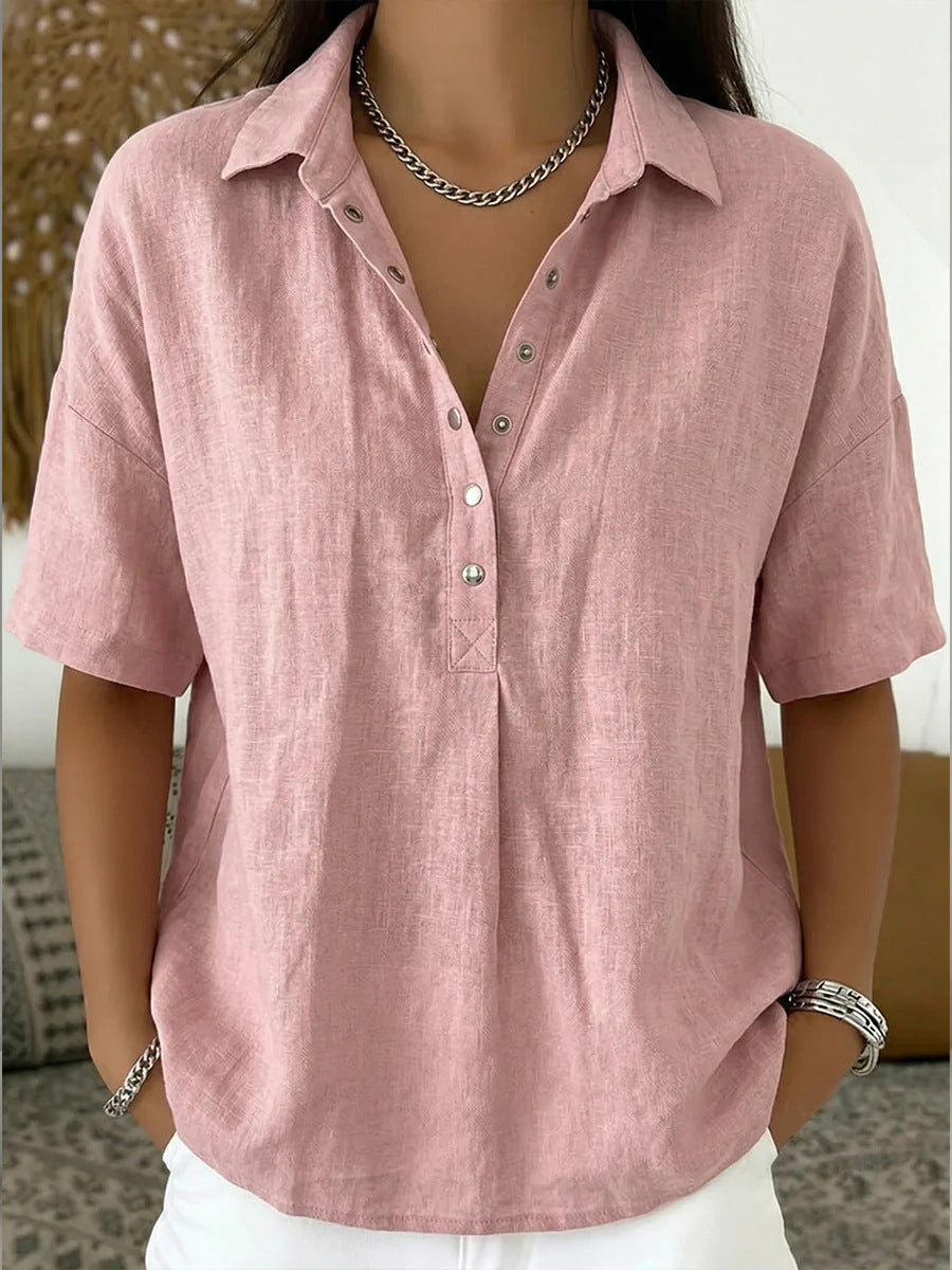 Pink short-sleeve button-up pullover shirt with collar and V-neck placket