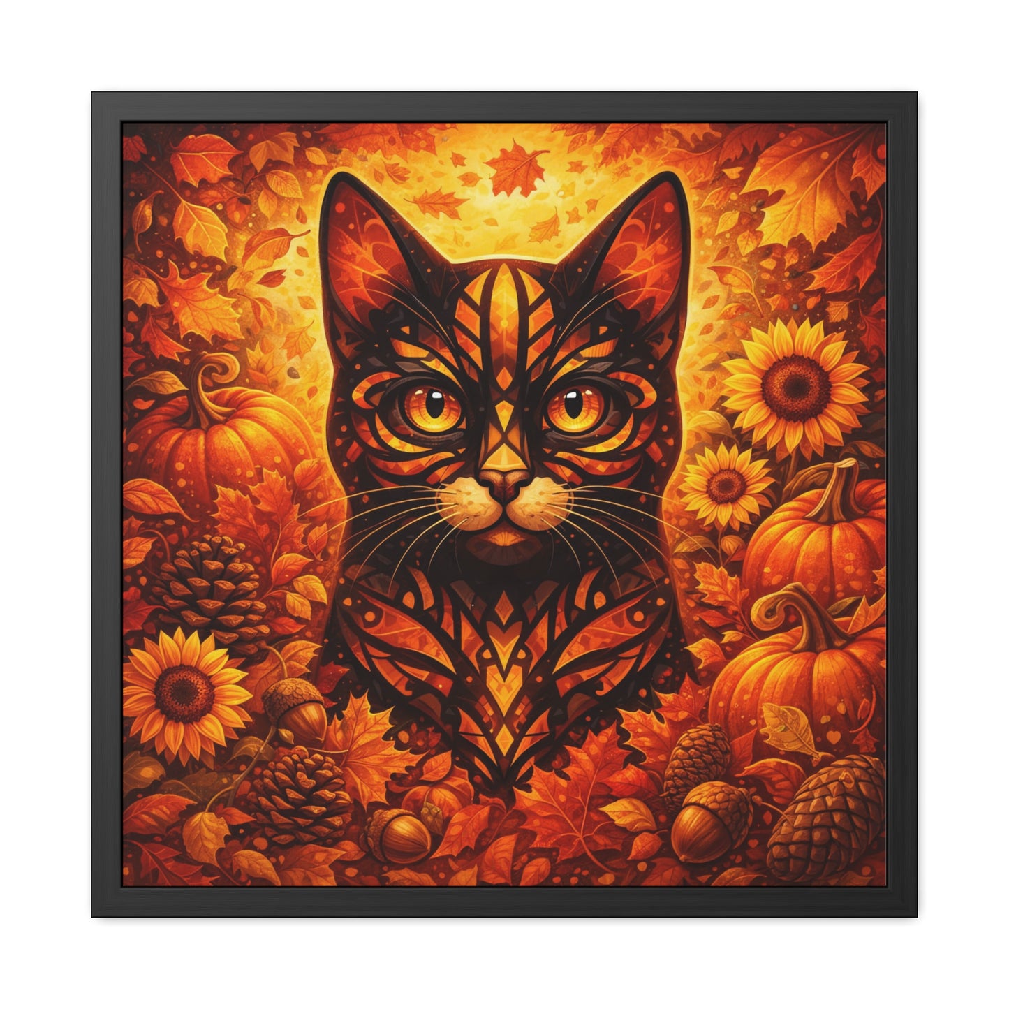 Autumn Cat Framed Poster — Halloween Pumpkin & Sunflower Wall Art