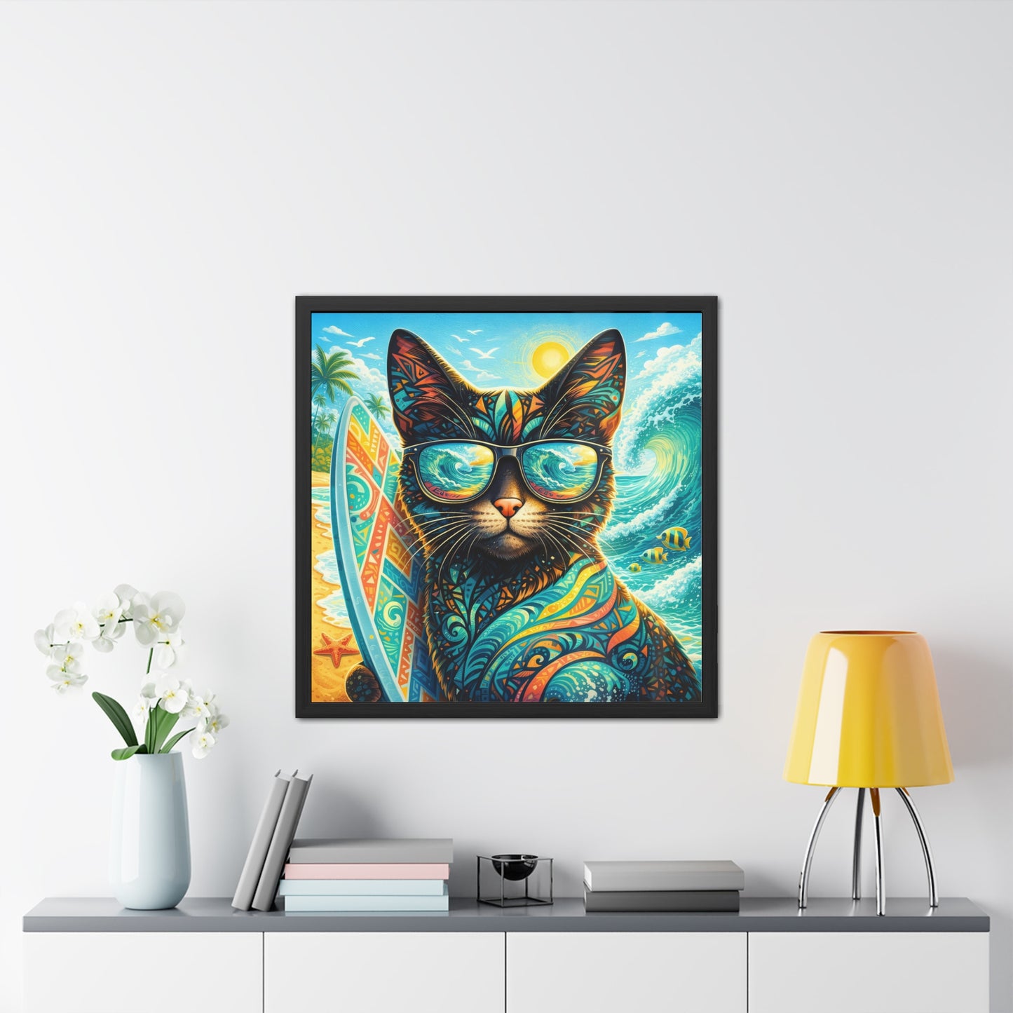Surfing Cat Framed Poster — Colorful Tropical Cat with Sunglasses Art