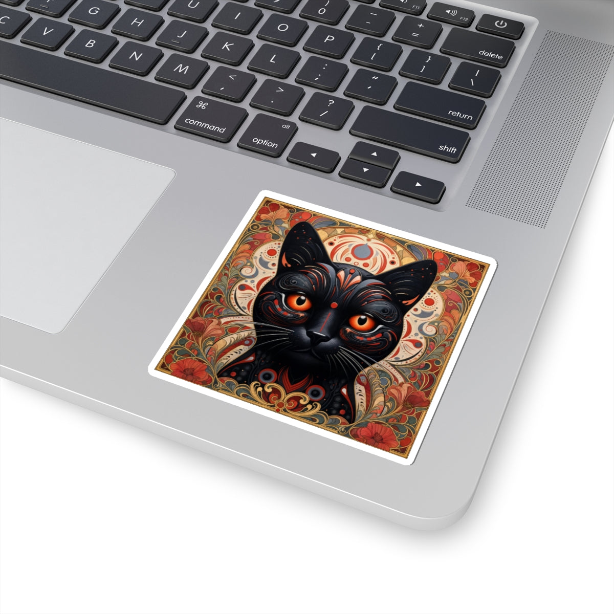 Black Cat Art Sticker — Ornate Orange Eyes Kiss-Cut Vinyl Sticker