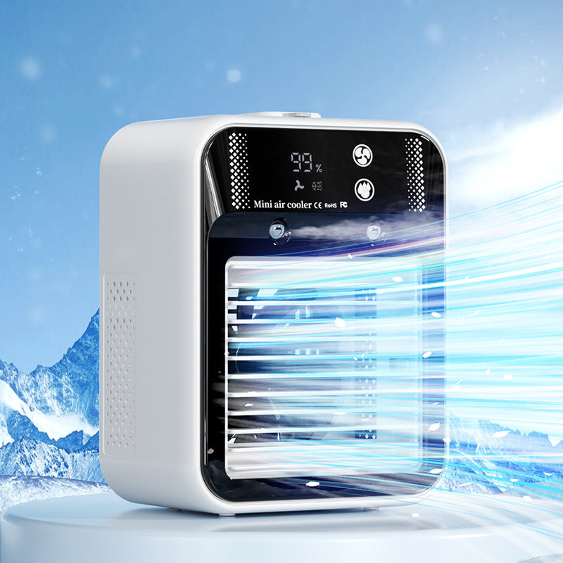 Ivory mini air cooler fan close-up with front grille, top display, and mist effect