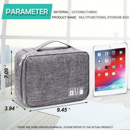 Gray fabric travel cable organizer bag with top handle and front utility icon patch