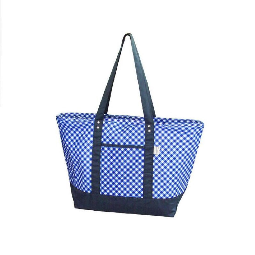 Large insulated cooler tote in blue checkered fabric with dark gray trim