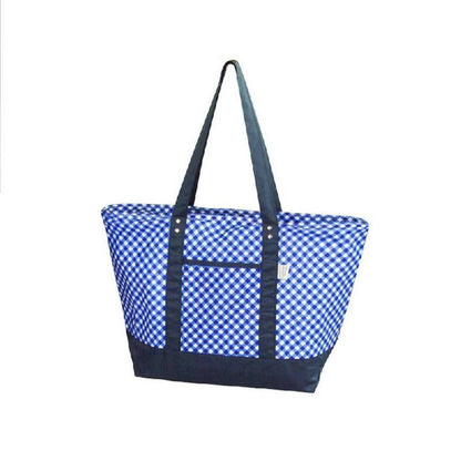 Large insulated cooler tote in blue checkered fabric with dark gray trim