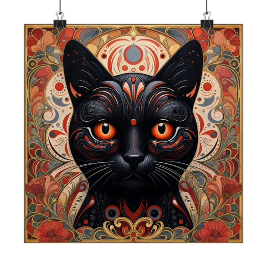 Black cat art poster hanging from clips, ornate red, gold, and blue border