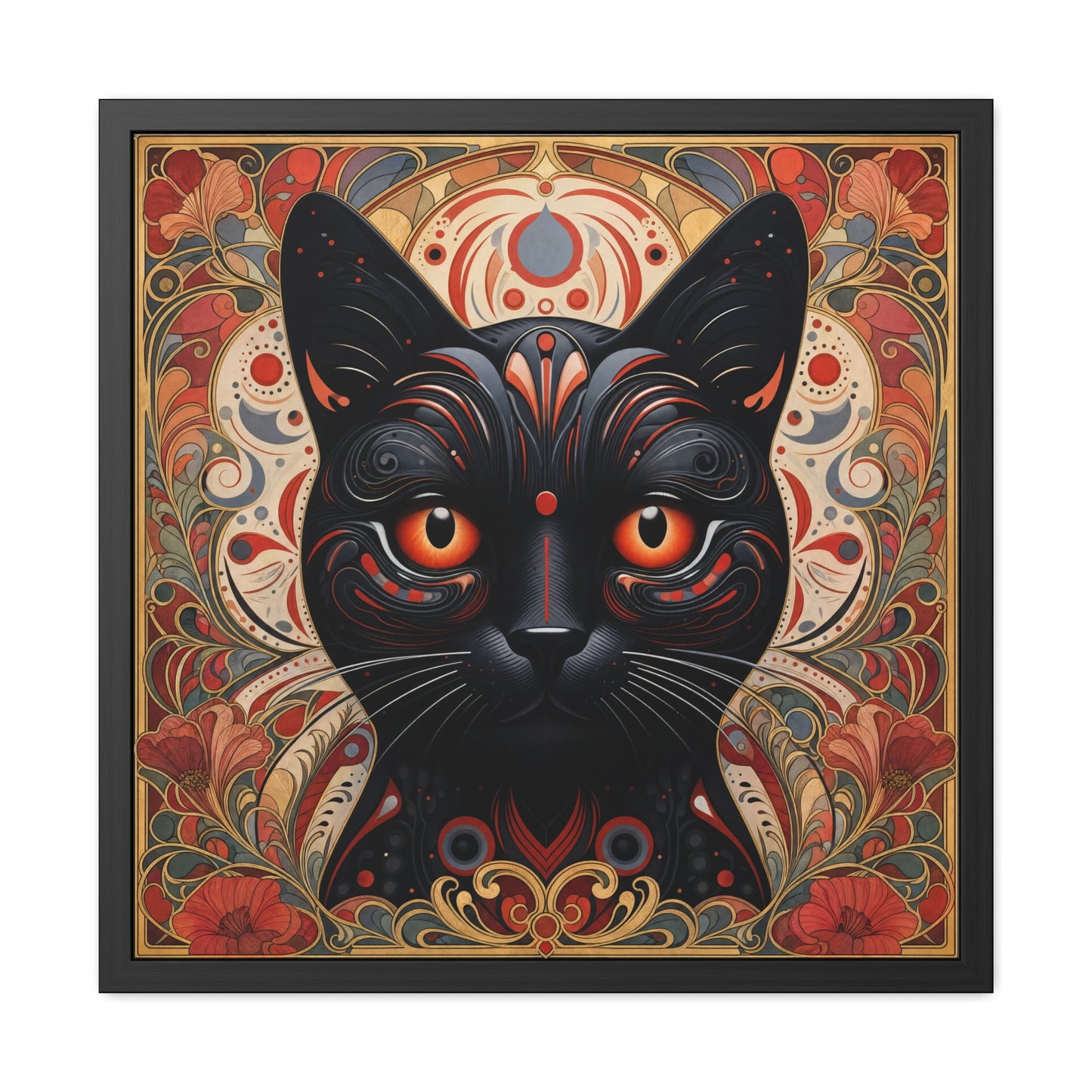 Black Cat Art Print — Framed Poster with Ornate Floral Mandala Design