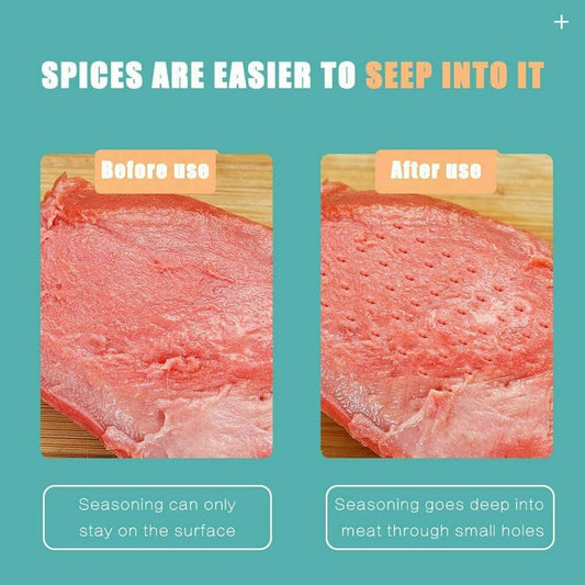 Stainless steel onion holder slicer with prongs on sliced meat, before/after