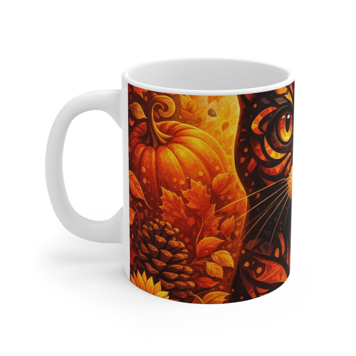 Autumn Witch Cat Mug — 11oz Halloween Pumpkin & Fall Leaves Coffee Cup