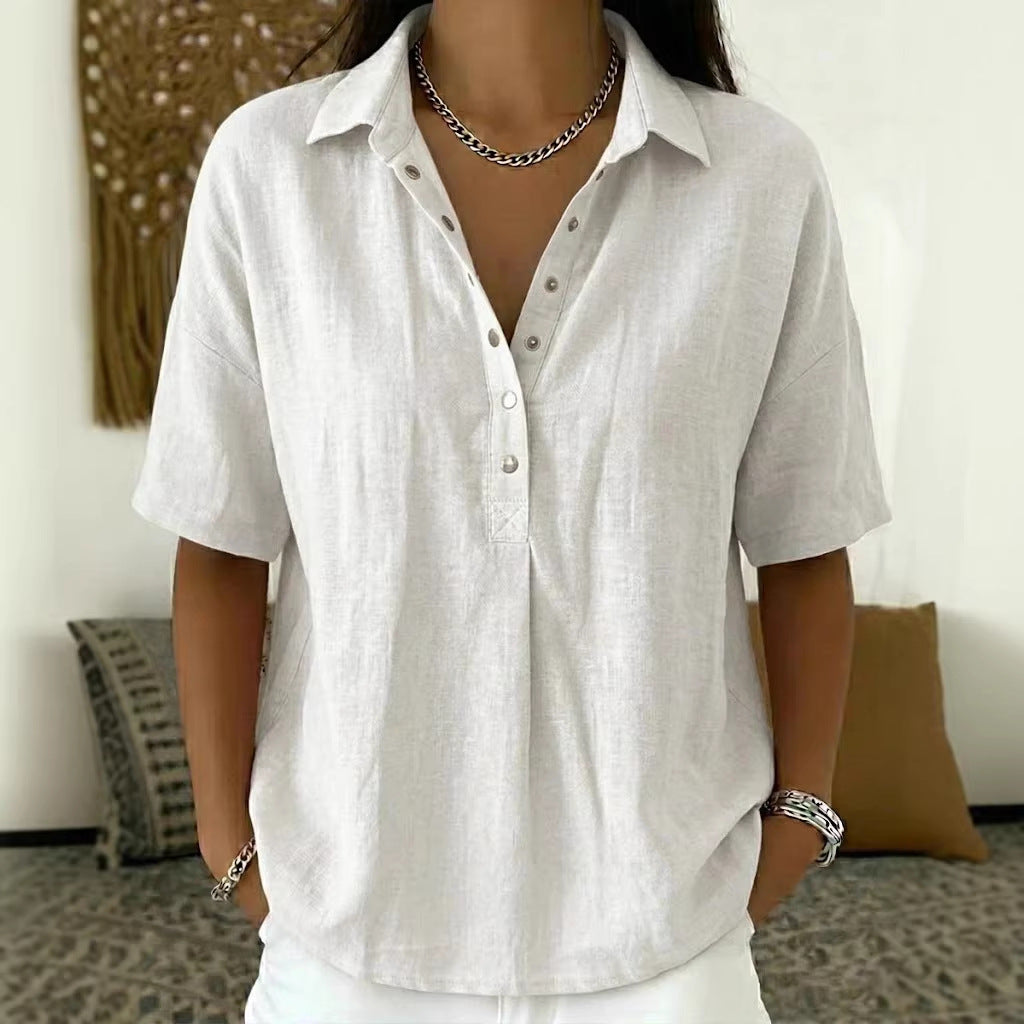 Women’s button-front short-sleeve pullover shirt, white with V-neck placket and collar