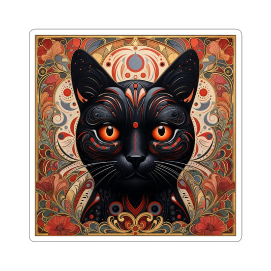 Square kiss-cut vinyl sticker featuring black cat face with orange eyes in ornate red border