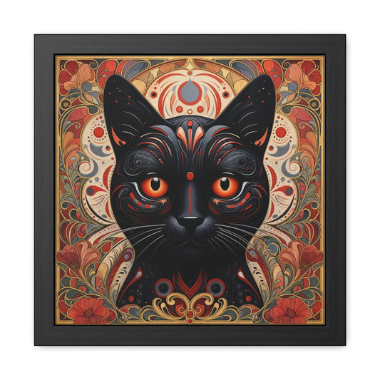 Framed black cat art print with ornate floral mandala, red, gold, and blue
