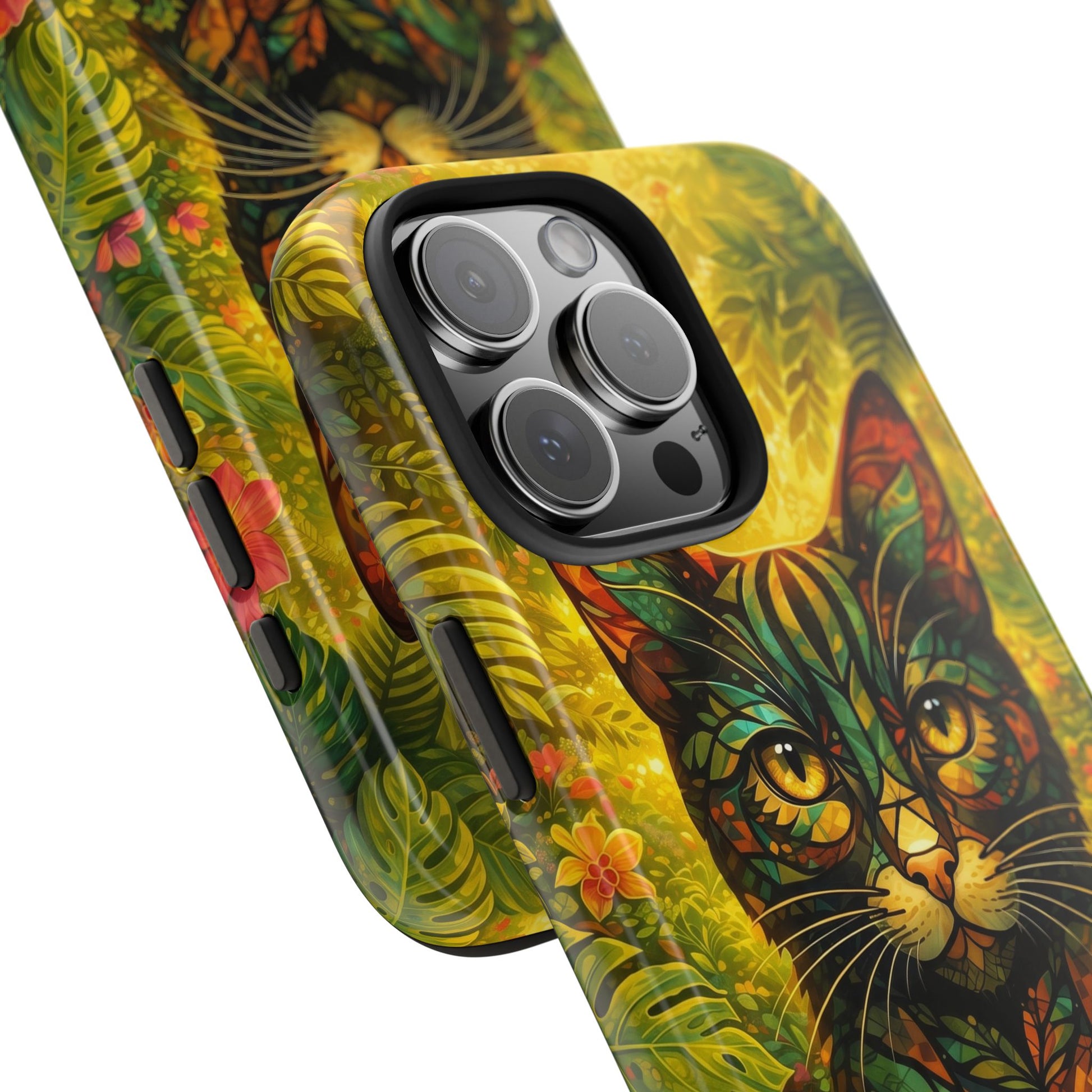 Tough phone case showing vibrant jungle cat face with leaf and flower pattern