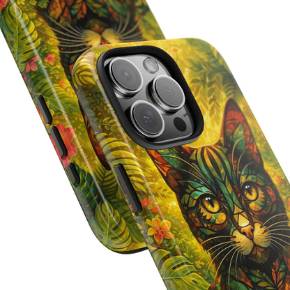 Tough phone case showing vibrant jungle cat face with leaf and flower pattern