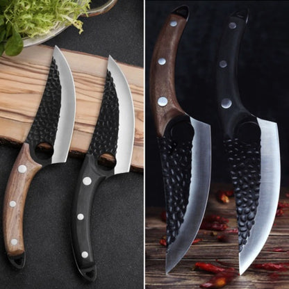 Two knives with wood-brown and black textured handles and silver blades