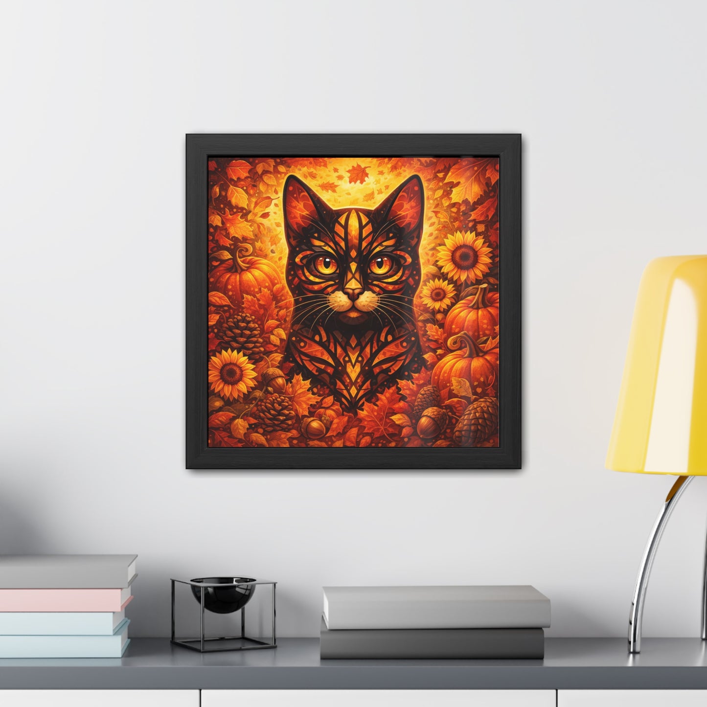 Autumn Cat Framed Poster — Halloween Pumpkin & Sunflower Wall Art