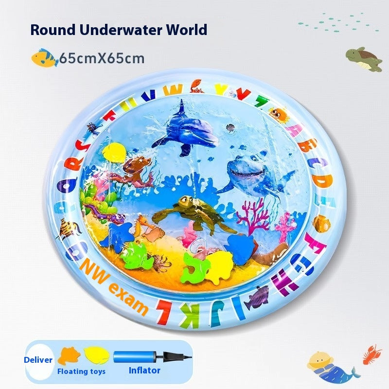 Round inflatable pet cooling water mat with underwater world animal print in blue