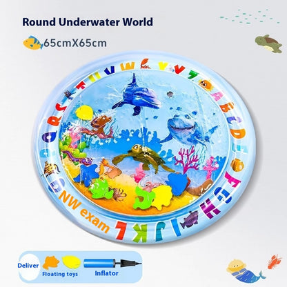 Round inflatable pet cooling water mat with underwater world animal print in blue