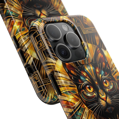Art Deco Cat Tough Phone Case — Golden Geometric Protective Cover
