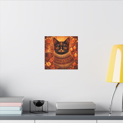 Autumn Cozy Cat Canvas - Warm Fall Cat Portrait with Sweater, Candles & Coffee