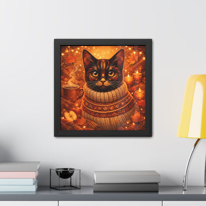 Autumn Cozy Cat Framed Poster — Sweater Cat Wall Art for Fall Decor