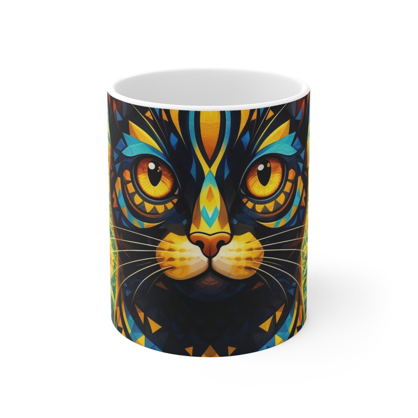 Sunflower Cat Mug — Colorful Geometric Cat Face Coffee Cup (11 oz)