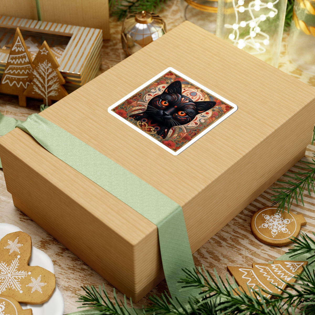 Black Cat Art Sticker — Ornate Orange Eyes Kiss-Cut Vinyl Sticker