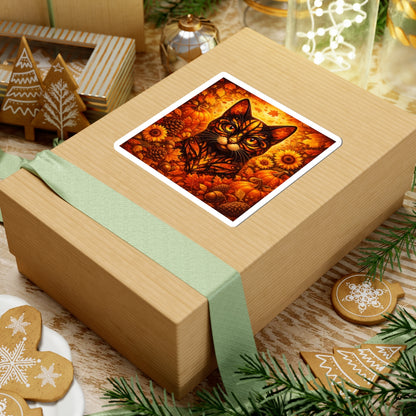 Autumn Cat Kiss-Cut Sticker — Pumpkin, Sunflower & Fall Leaves Design