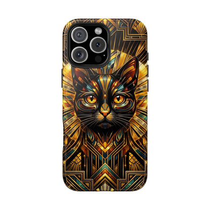 Art Deco Cat Tough Phone Case — Golden Geometric Protective Cover