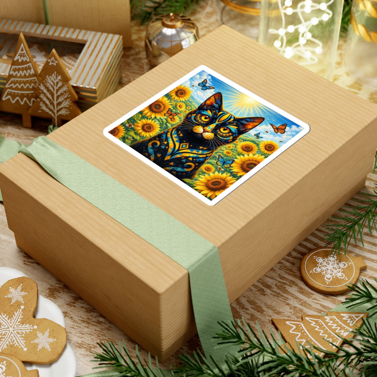 Sunflower Cat Sticker — Vibrant Floral Cat Sticker with Butterflies