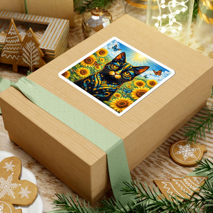 Sunflower Cat Sticker — Vibrant Floral Cat Sticker with Butterflies