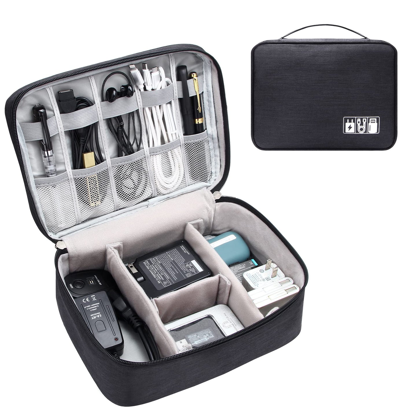 Dark gray zippered cable organizer bag with open compartments for chargers and cables