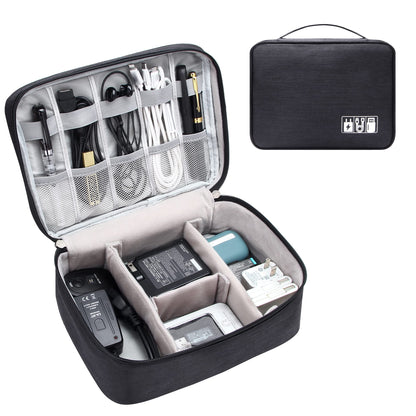 Dark gray zippered cable organizer bag with open compartments for chargers and cables