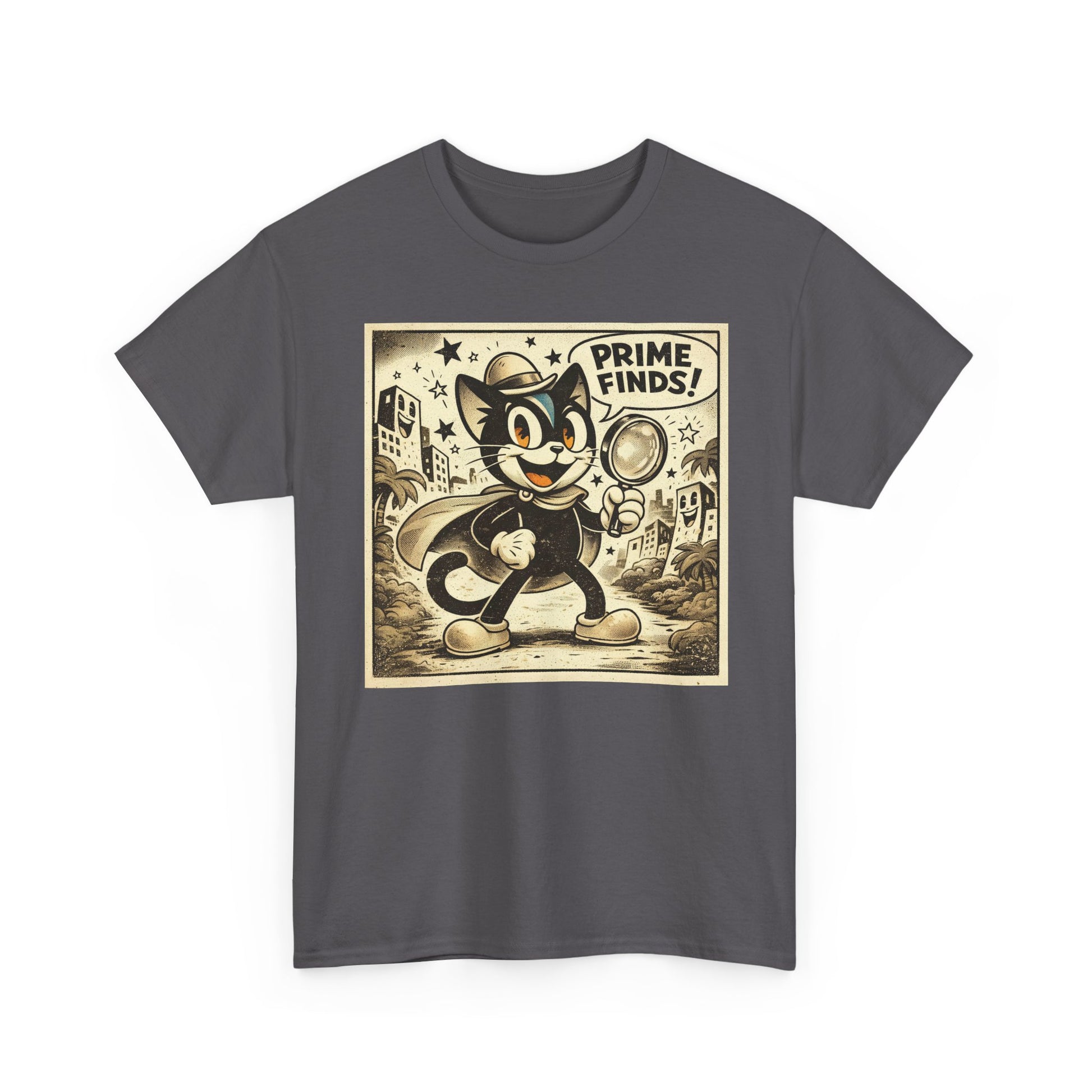 Charcoal vintage graphic detective cat T-shirt with retro cartoon front print