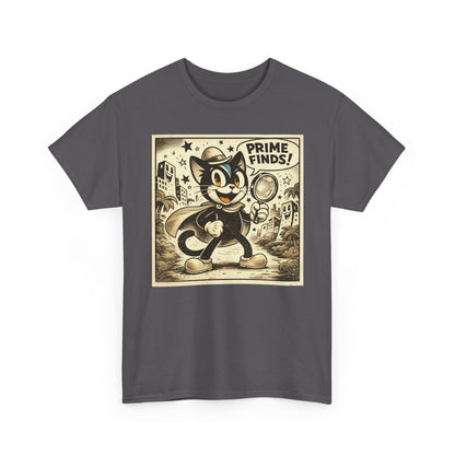 Charcoal vintage graphic detective cat T-shirt with retro cartoon front print