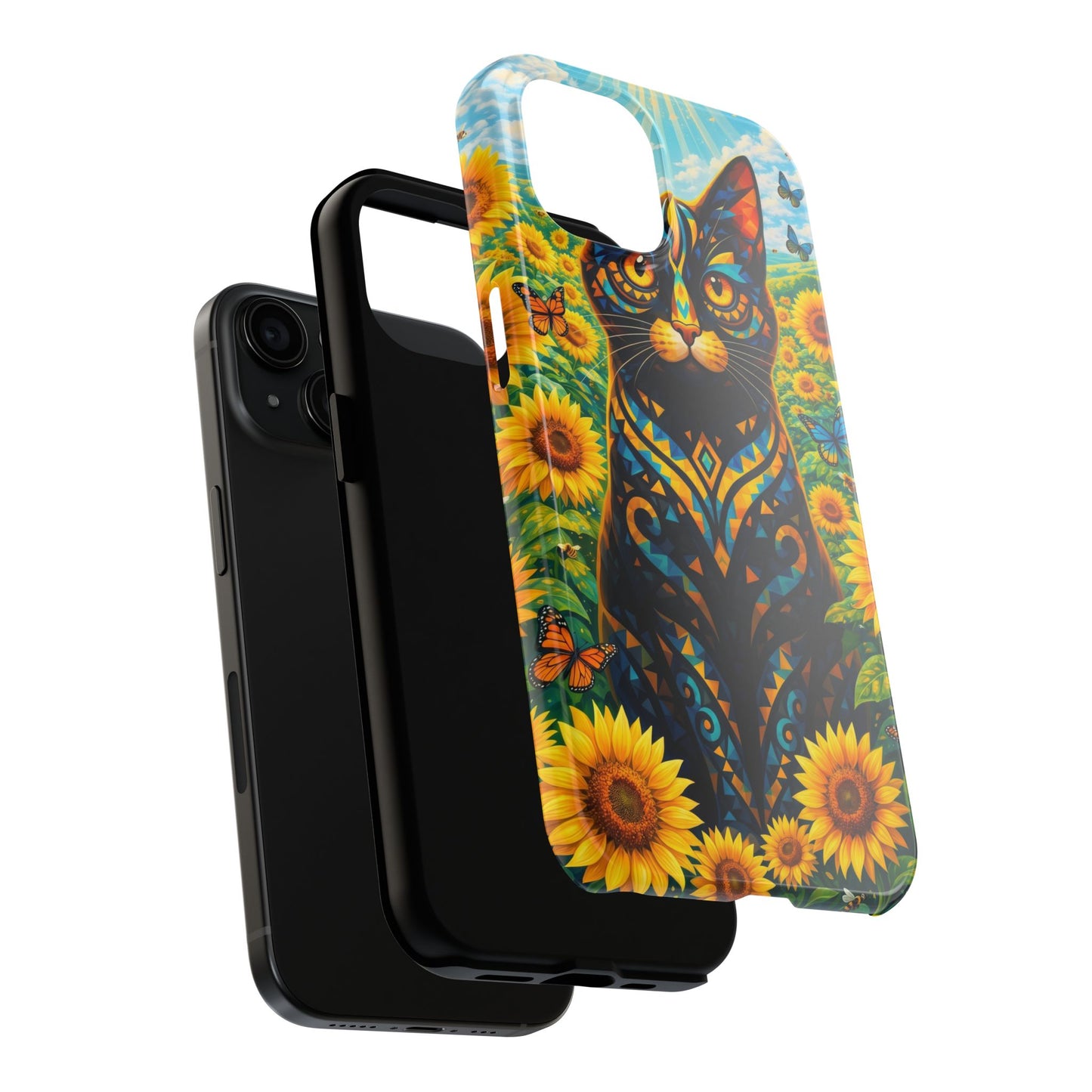 Sunflower Cat Tough Phone Case — Vibrant Boho Floral Armor for iPhone & Android