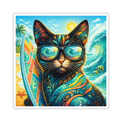 Surfing Cat Sticker — Colorful Tropical Beach Cat Kiss-Cut Sticker