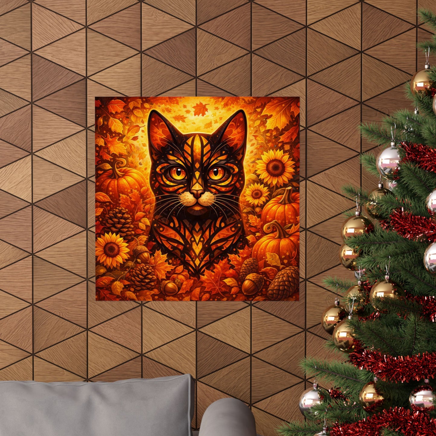 Autumn Cat Poster — Fall Pumpkin & Sunflower Matte Wall Art