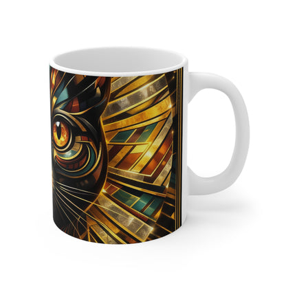 11oz Cat Mug — Golden Geometric Mystic Cat Coffee Cup
