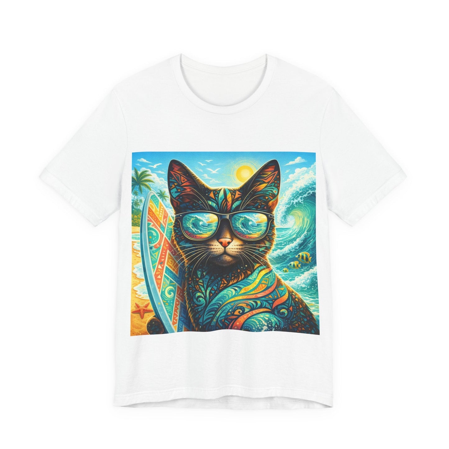 White T-shirt with colorful cat wearing sunglasses and surf graphic on front