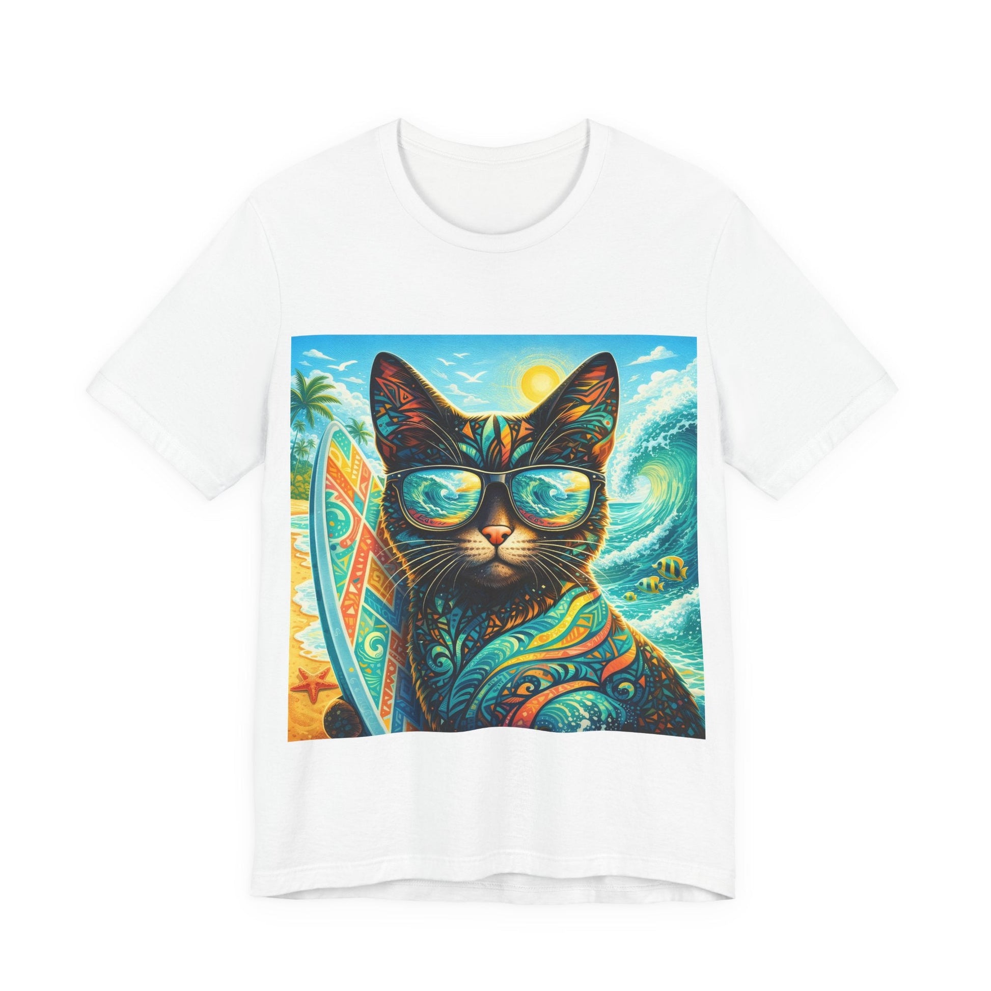 White T-shirt with colorful cat wearing sunglasses and surf graphic on front