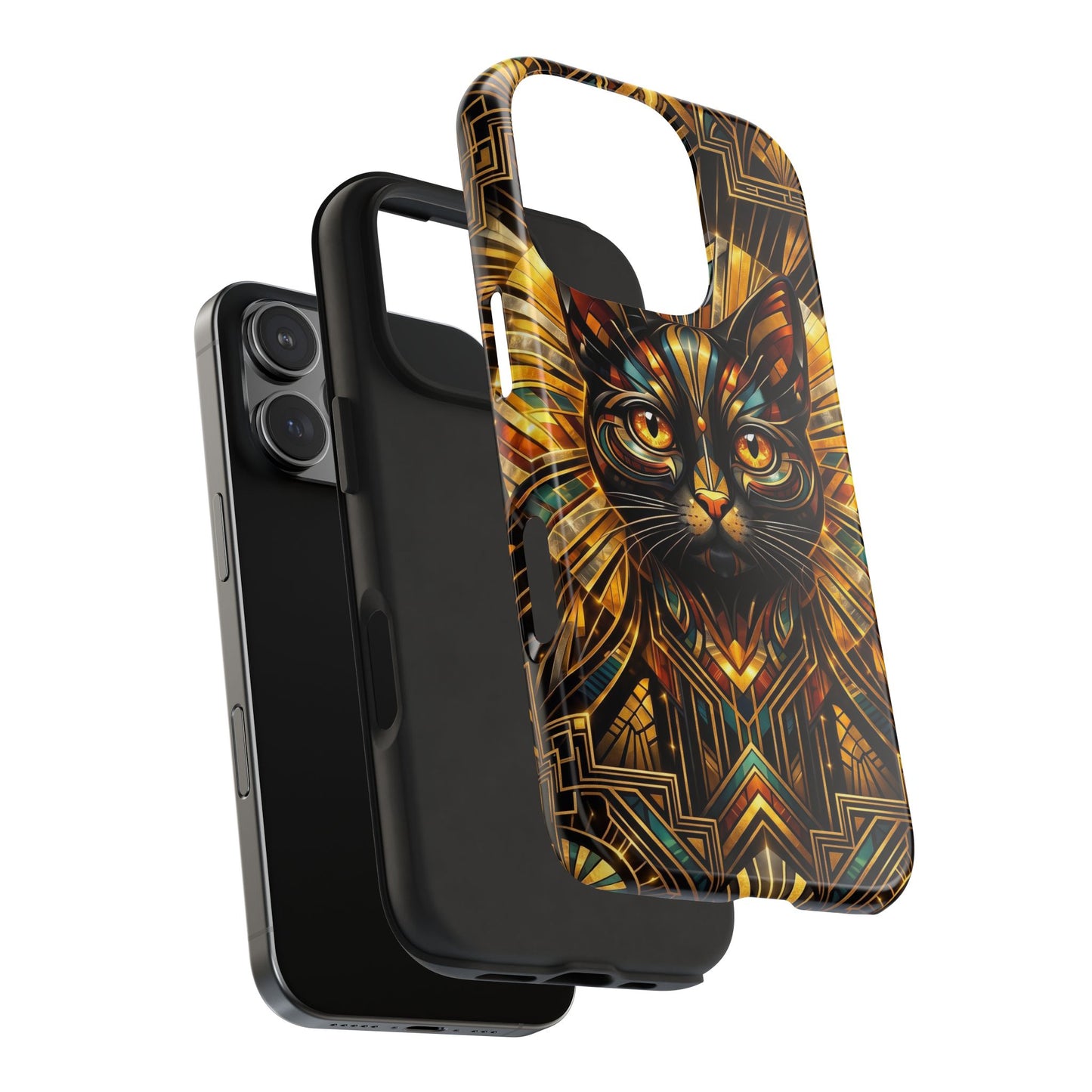 Art Deco Cat Tough Phone Case — Golden Geometric Protective Cover